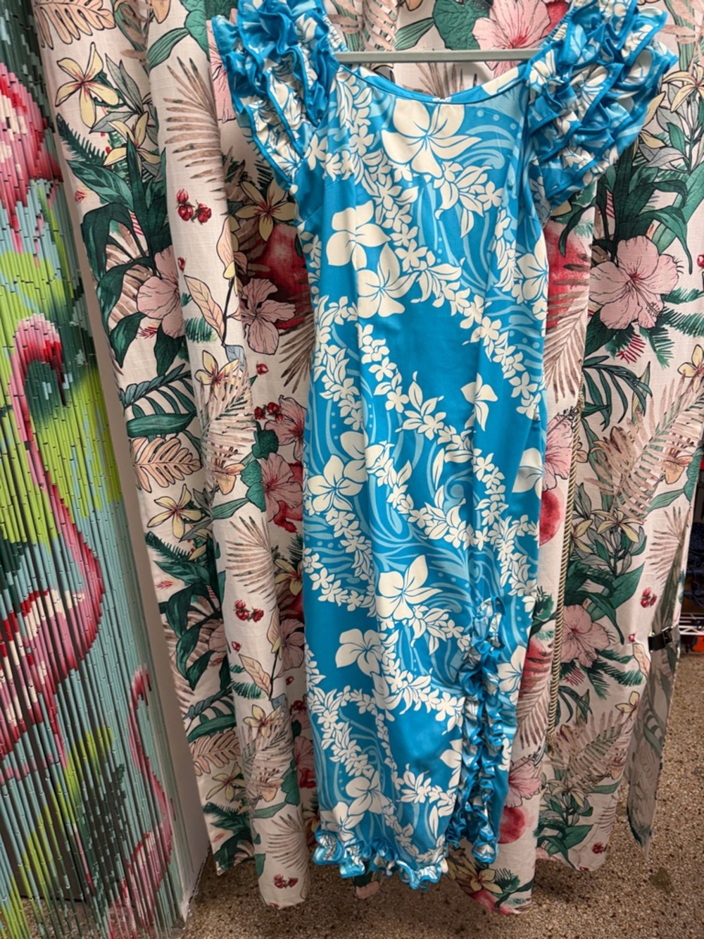 Vintage Ruffled Royal Creations a Floral Hawaiian Turquoise and White Dress Size